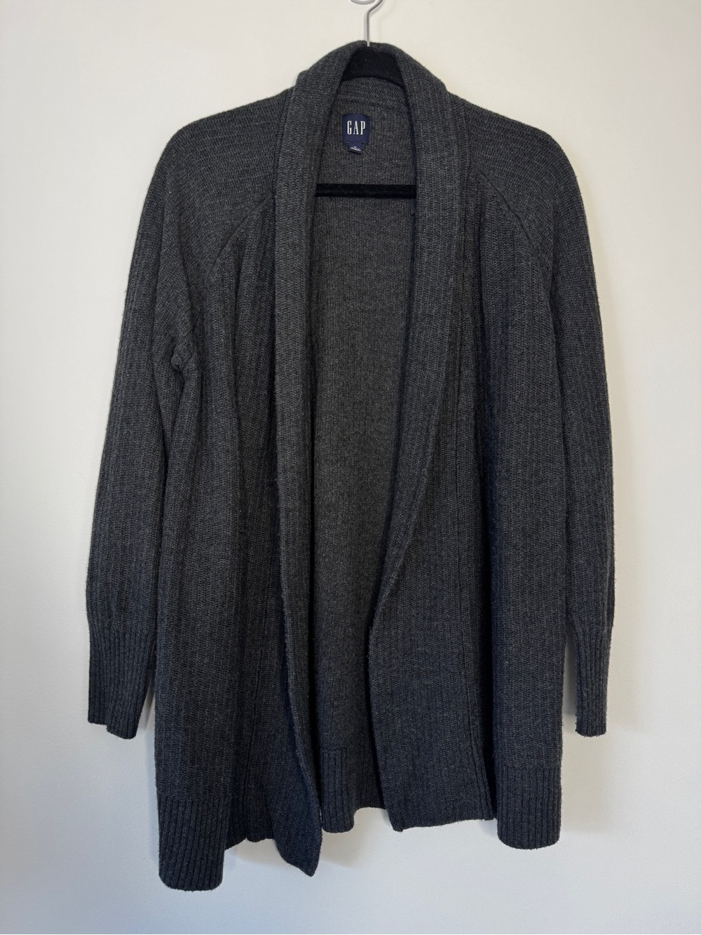 Gap Cardigan Sweater Charcoal Gray Rib Knit Open Front Long Line Merino Wool M